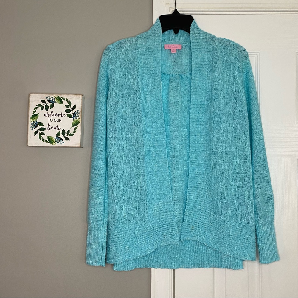 Lilly Pulitzer Aqua Blue Isle Open Front Cardigan Small Womenโs Sweater Knit